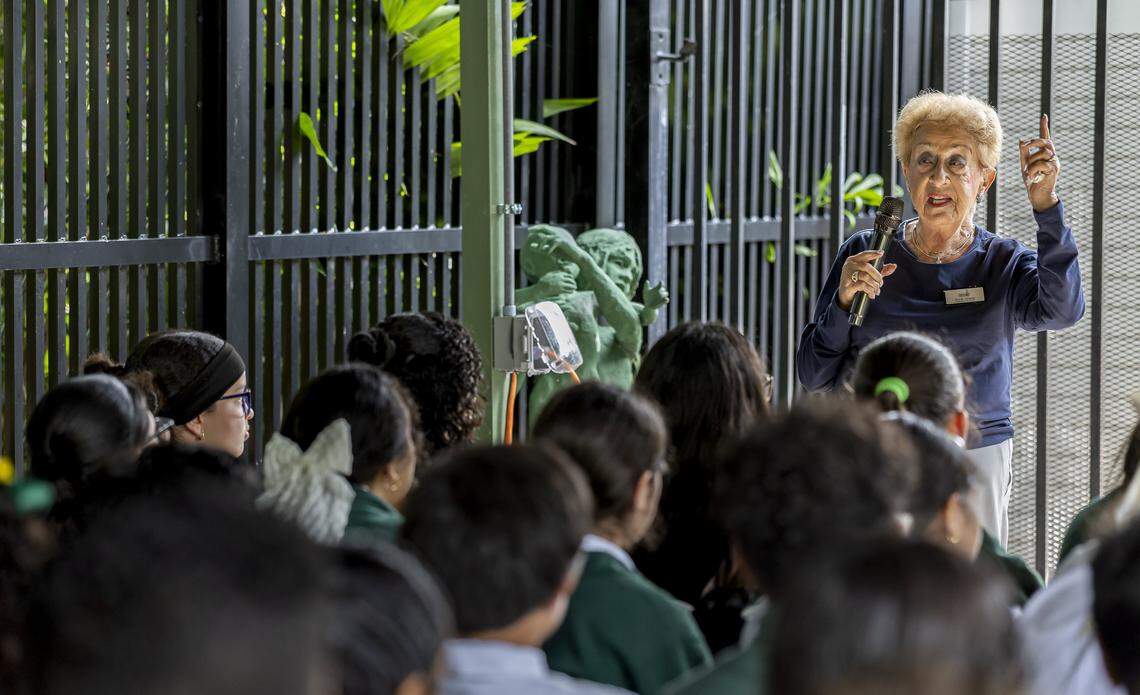 Holocaust survivor Rodi Glass, 90, talks to a group of students about her life experience at the Holocaust Memorial Miami Beach on Friday, Jan. 23, 2026, in Miami Beach, Fla.