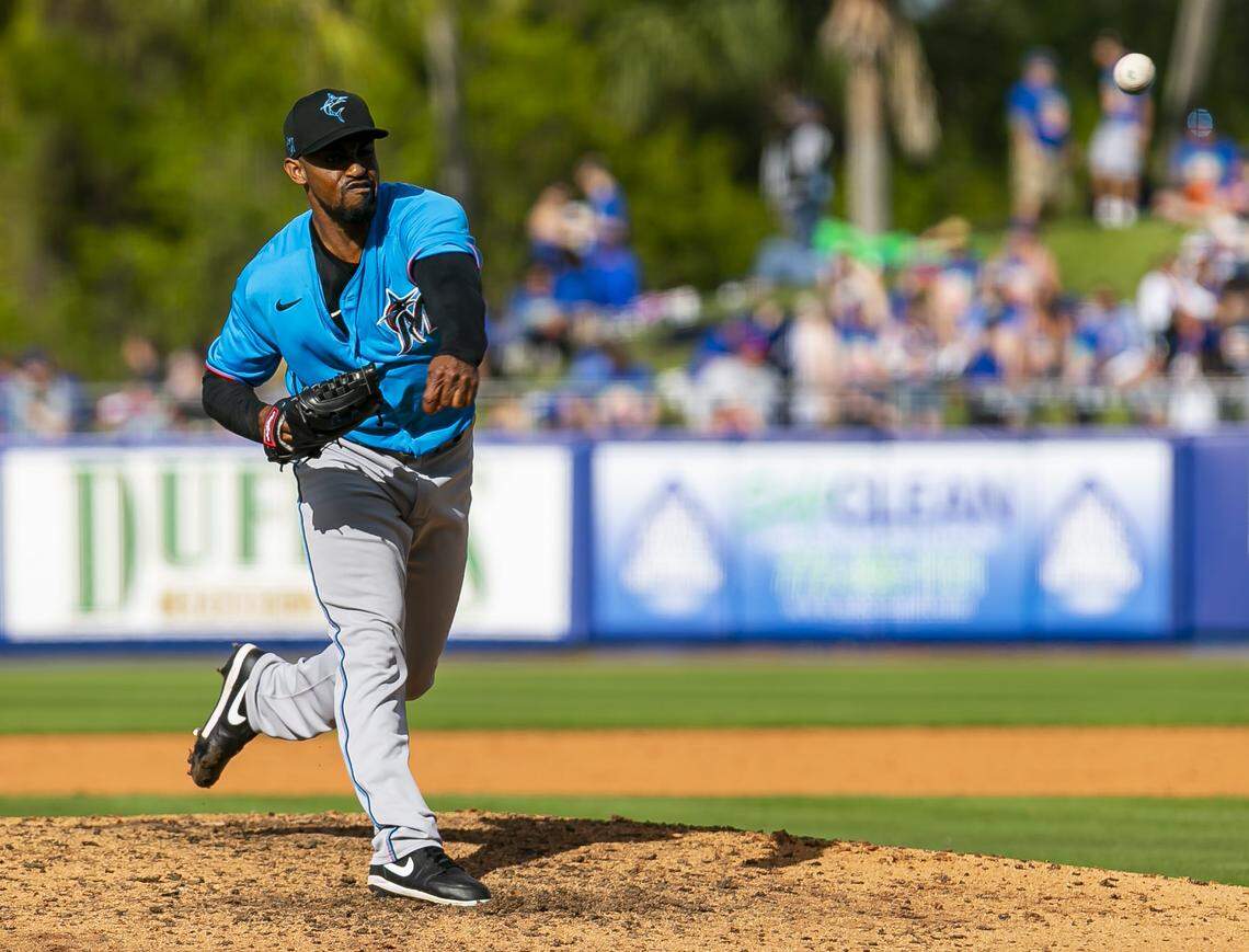 Miami Marlins relief pitcher Stephen Tarpley (37) pitches in the ninth inning against the New York Mets during a spring training MLB game at Clover Park in Port St. Lucie, Florida on Saturday, February 22, 2020.