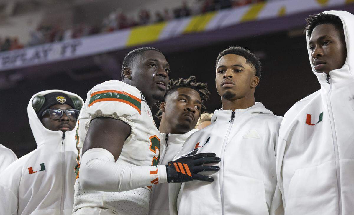 Miami Hurricanes linebacker Wesley Bissainthe (31) reacts after losing his College Football Playoff National Championship Game against the Indiana Hoosiers at Hard Rock Stadium on Monday, Jan. 19, 2026, in Miami Gardens, Fla.