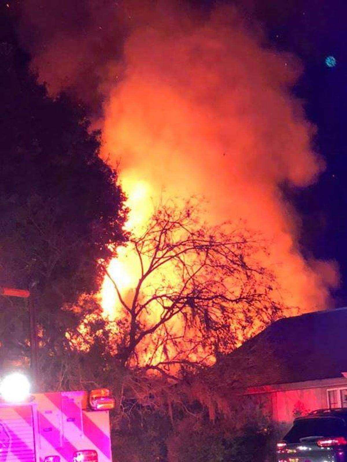 Fire soars into the night sky Dec. 10, 2018, from the Hillsborough County home of Patrick O’Brien, lead guitarist of death metal band Cannibal Corpse.
