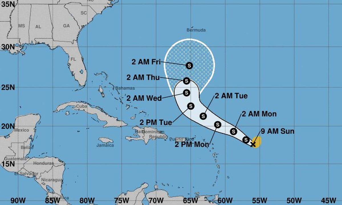 The 8 a.m. Sunday conical projection for Tropical Storm Peter