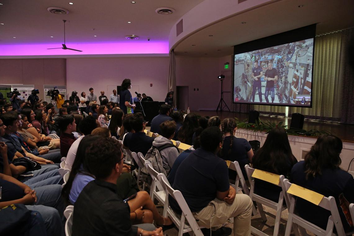 Astronauts Ricky Arnold and Drew Feustel answer questions from students during a live feed from the International Space Station, Wednesday morning, April 25, 2018, at Fairchild Tropical Botanic Garden in Coral Gables.