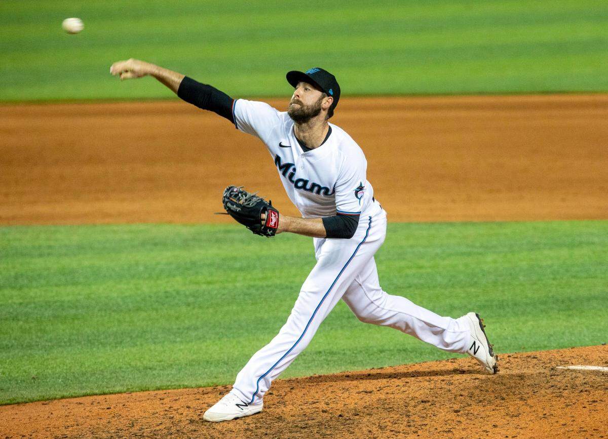 Miami Marlins pitcher Dylan Floro&nbsp;(36) pitches during the ninth inning of an MLB game against the Philadelphia Phillies at loanDepot park in the Little Havana neighborhood of Miami, Florida, on Monday, May 24, 2021. The Marlins defeated the Phillies 9-6.