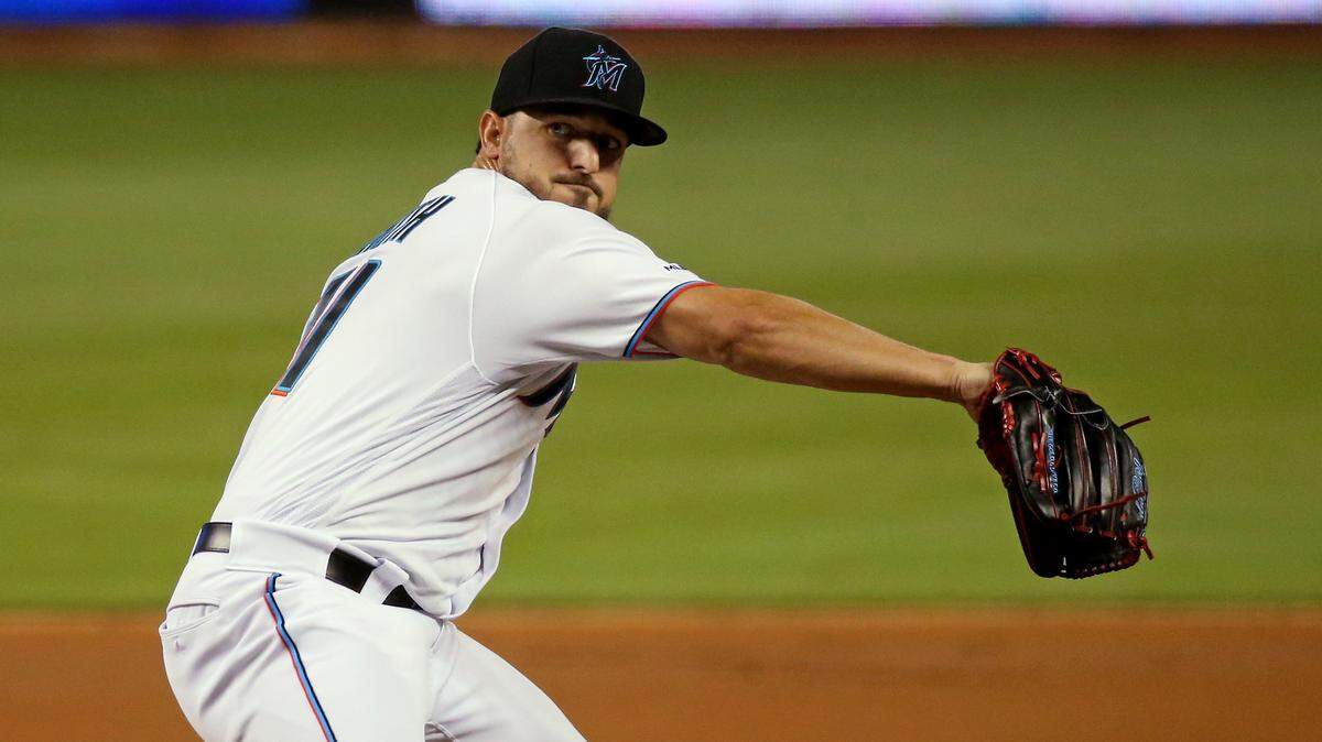 Miami Marlins pitcher Caleb Smith (31) pitches during the first inning of an interleague Major League Baseball game against the Tampa Bay Rays at Marlins Park in Miami, Tuesday, May 14, 2019.