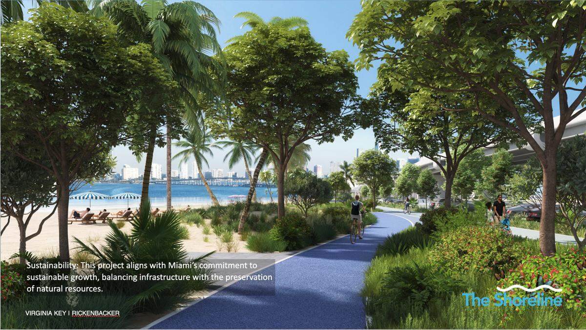 The Shoreline plan, championed by Miami-Dade Commissioner Raquel Regalado, would redesign the Rickenbacker Causeway on Virginia Key by creating express lanes for cars and trucks on a viaduct to Key Biscayne, visible at right, while removing surface asphalt to create acres of expanded beaches, parks and pathways for cyclists and pedestrians.