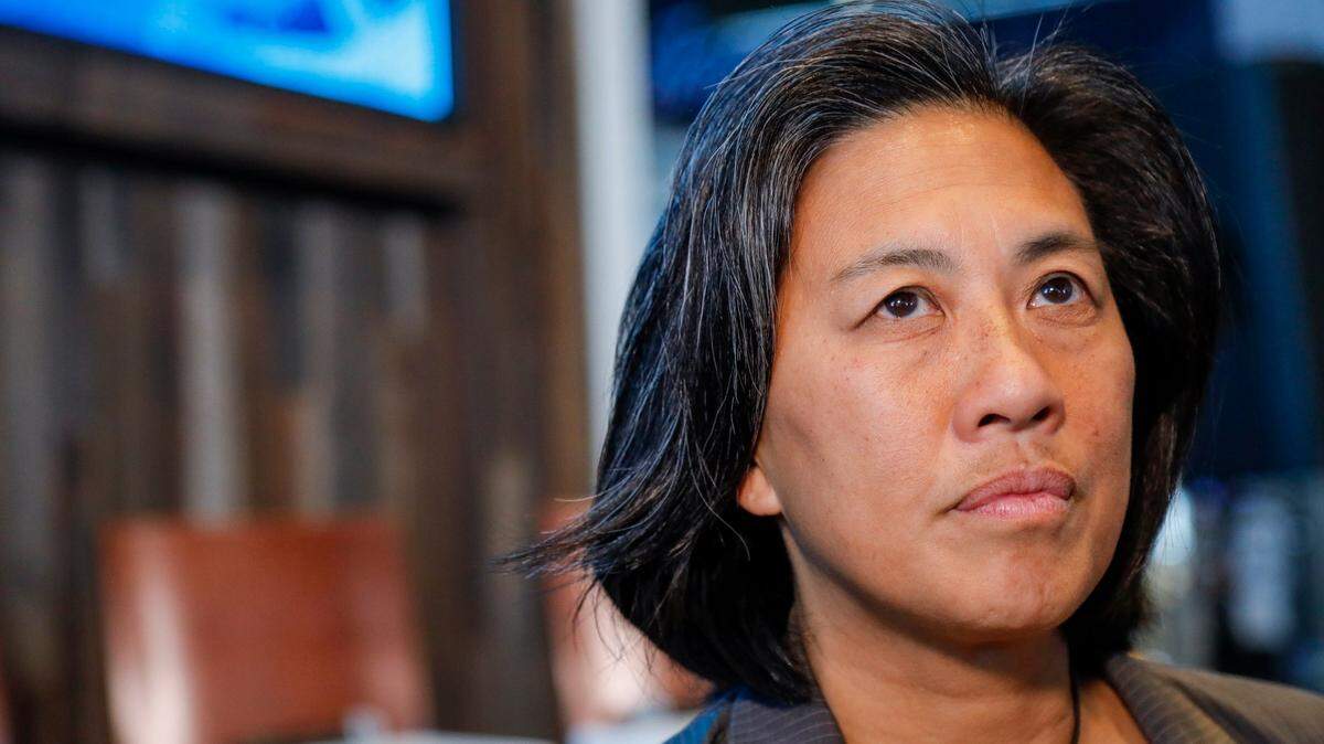 Miami Marlins General Manager Kim Ng talks to reporters after announcing the signing of the new Miami Marlins outfielder Avisaíl Garcia and a contract extension for starting pitcher Sandy Alcántara during a press conference at the Biscayne Bay Brew Hall of loanDepot park in Miami, Florida, Wednesday, December 1, 2021.
