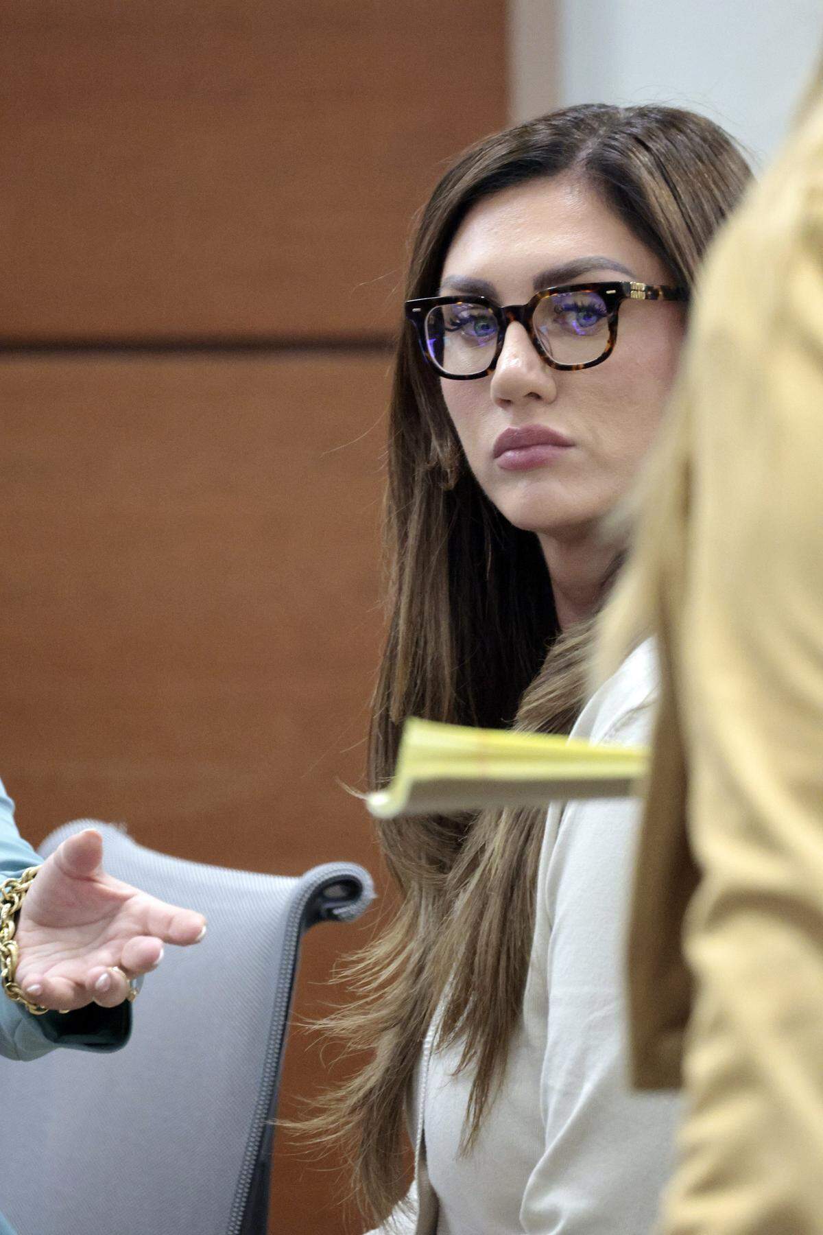 Sophie Hall is shown in court on the first day of trial in her case against former Miami Dolphins wide receiver Tyreek Hill at the Broward County Courthouse in Fort Lauderdale on Thursday, May. 7, 2026. In a lawsuit brought by Hall, a social media influencer and model, claims that Hill intentionally broke her leg during a backyard football lesson at his Southwest Ranches home. Her attorneys are suing Hill for battery, assault, intentional infliction of emotional distress, and negligence. (Amy Beth Bennett / South Florida Sun Sentinel)