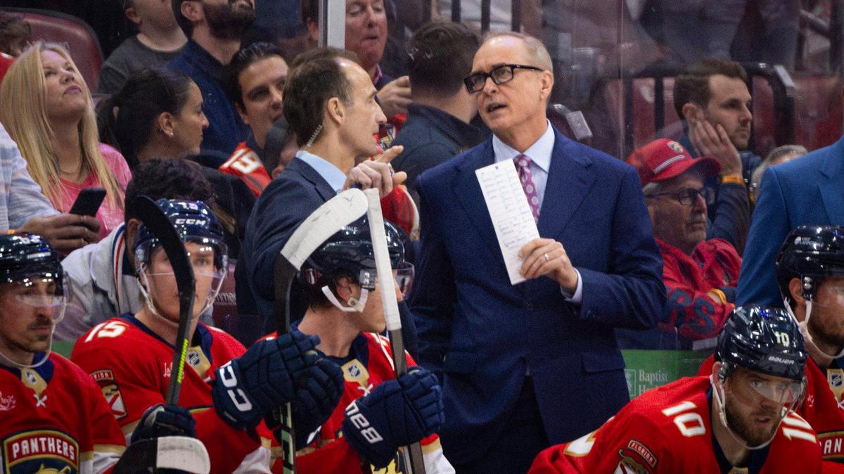 Florida Panthers Head Coach Paul Maurice talks to the other coaches during a break in the first period of Game 4 of the first-round Stanley Cup playoff series on Monday, April 28, 2025, at Amerant Bank Arena in Sunrise, Fla.