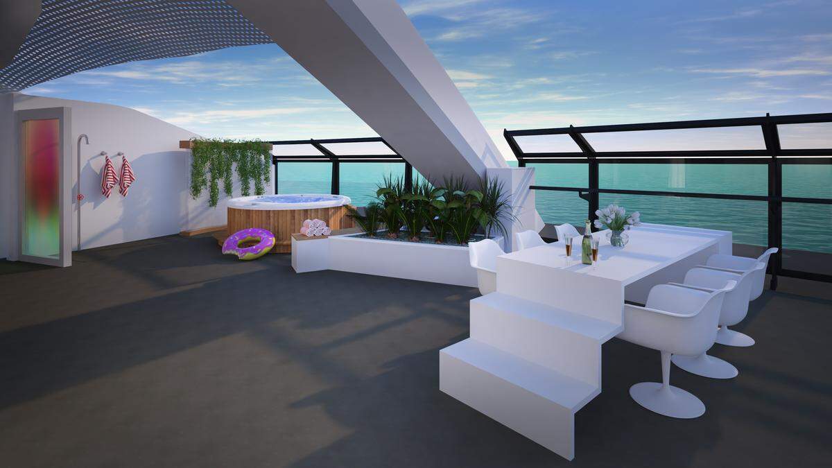 Outdoor areas on both “Massive Suites” will have outdoor showers and scalable dining room tables.