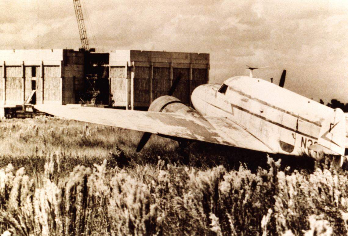 An abandoned aircraft sits by Primera Casa, FIU’s first building, when the school was being constructed in the early 1970s. FIU opened in September 1972 on the site of the former Tamiami Airport at Southwest Eighth Street and 107th Avenue. 
