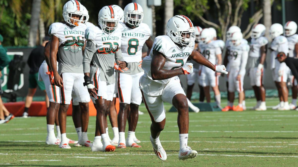 Miami Hurricanes cornerback Tyrique Stevenson (2) runs drills during practice at the University of Miamis Greentree Field in Coral Gables on Thursday, August 12, 2021.