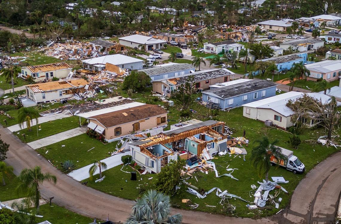 Aerial view of the destruction caused by a pair of tornadoes that tore through the Spanish Lakes Country Club Village in St. Lucie County, Friday, Oct. 11, 2024.