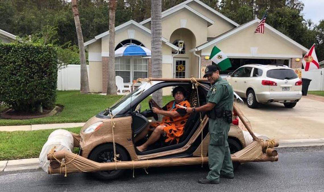 A Pasco County Sheriff’s deputy stops Fred Flintstone, er, Don Swartz for “speeding.”