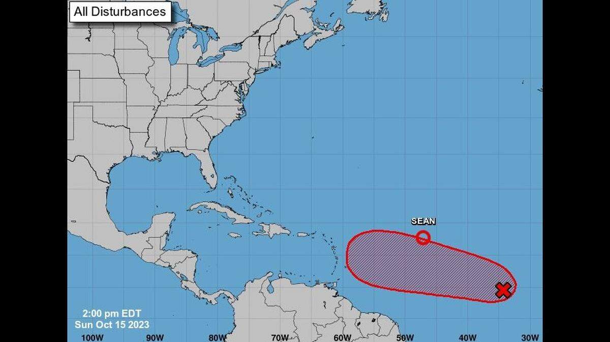 The 2 p.m., Oct. 15, map of weather systems in the Atlantic Ocean.