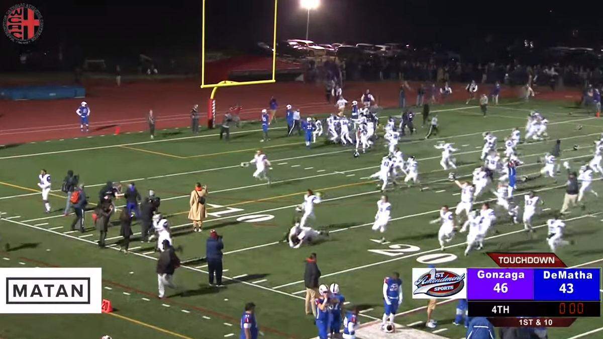 Gonzaga celebrates after a crazy final 45 seconds saw it win the WCAC championship, 46-43, over DeMatha.