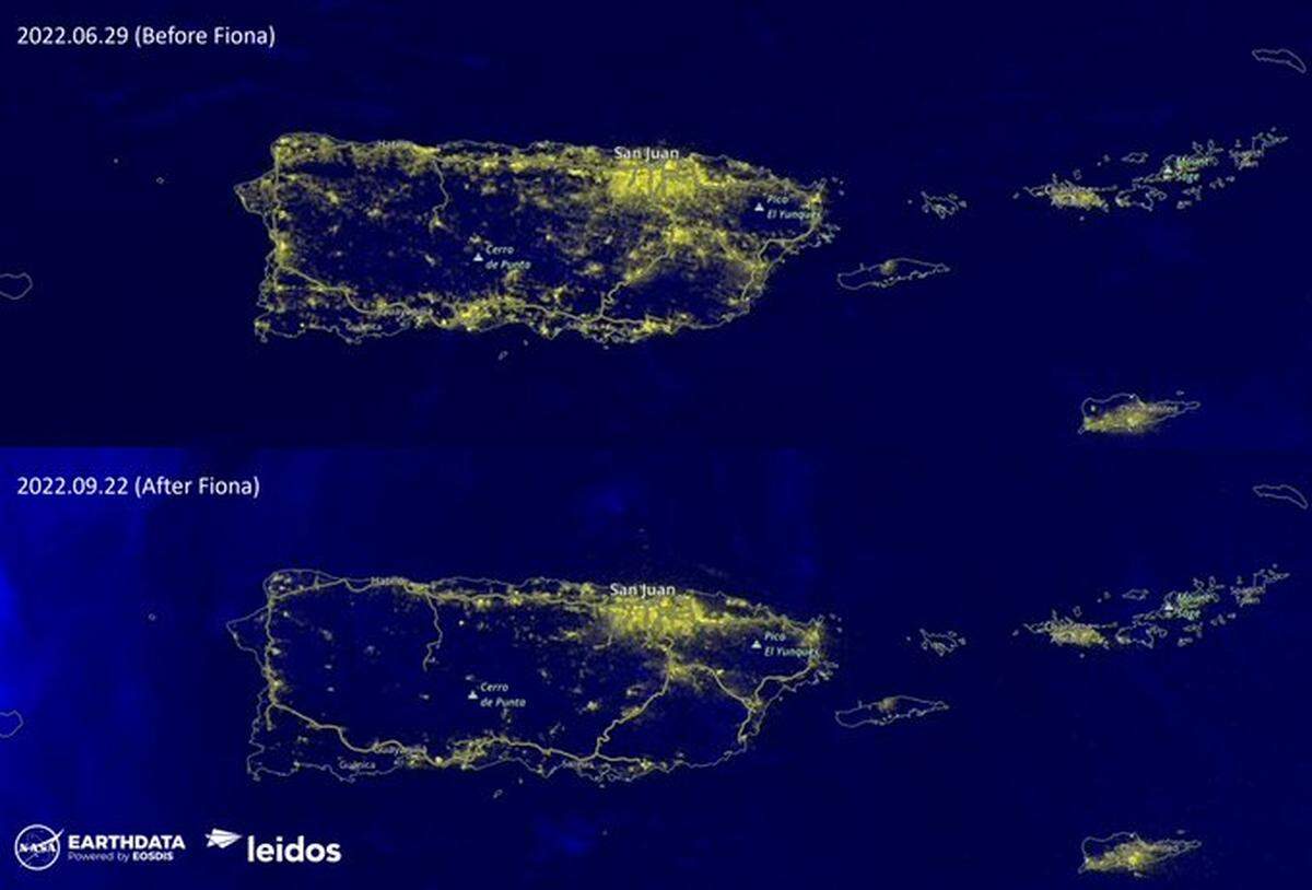 NASA satellite photos show that large swaths of Puerto Rico’s western and southern coasts were still in the dark on Thursday, Sept. 22, 2022, said Miguel O. Román, Chief Climate Scientist at Leidos and NASA’s Science Team leader for the MODIS and VIIRS instruments.