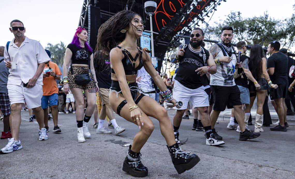Adina Raskas, from Miami, dances as Bou performs during Ultra Music Festival’s 26th anniversary at Bayfront Park on Saturday, March 28, 2026, in downtown Miami, Fla.