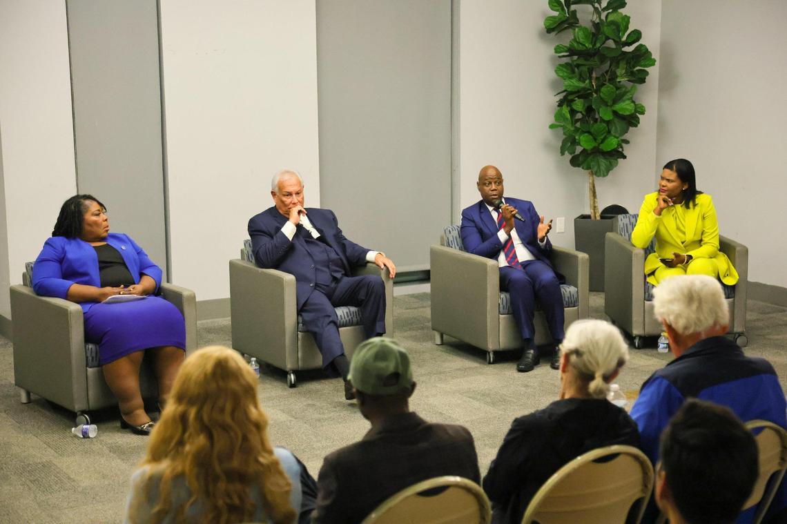 From left: North Miami mayoral candidates Daphne Campbell, Hector Medina, Alix Desulme, and Naomi Blemur participate in an election forum hosted by The Greater North Miami Chamber of Commerce.
