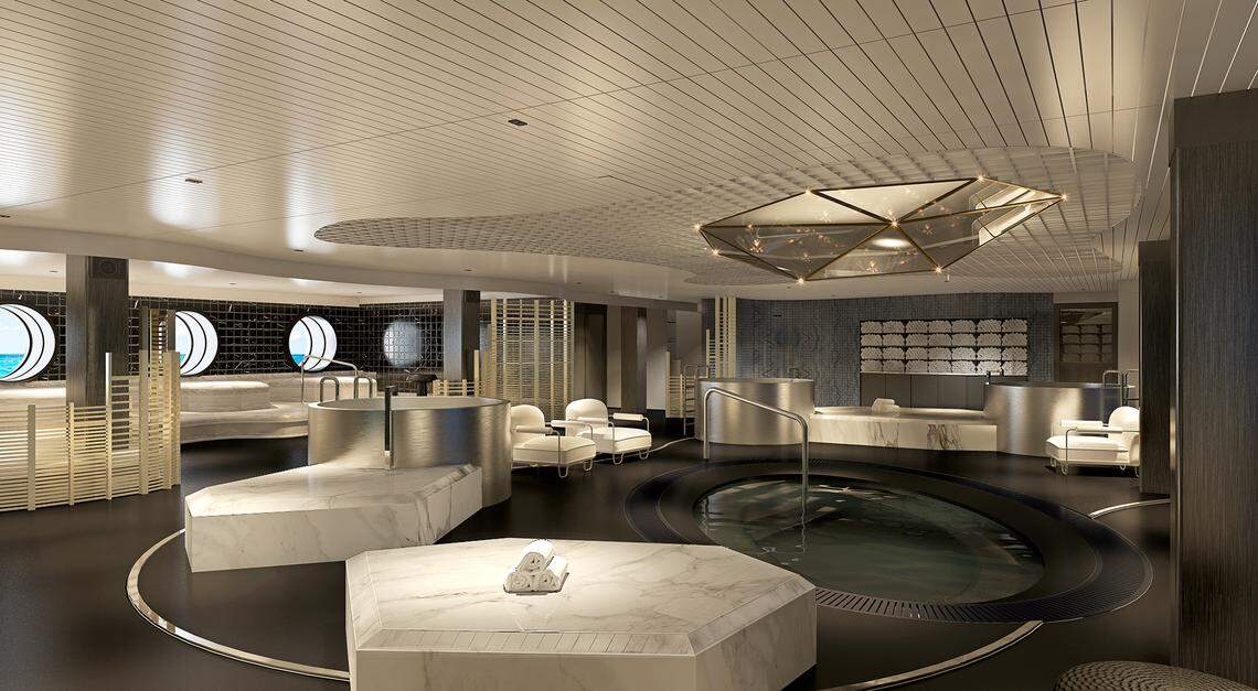 Virgin Voyages’ Scarlet Lady will have a spa, called Redemption, inspired by an underwater cave. Redemption will include a hydrotherapy pool, mud room, salt room, cold plunge pools, quartz beds, and spa treatments.