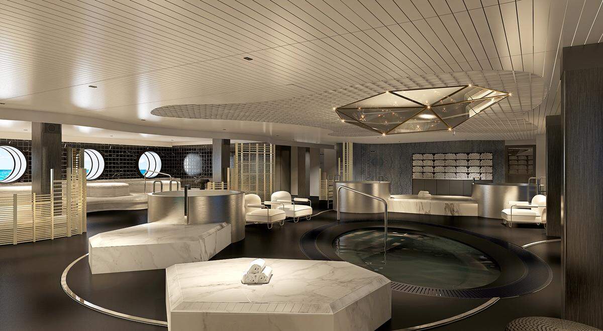 Virgin Voyages’ Scarlet Lady will have a spa, called Redemption, inspired by an underwater cave. Redemption will include a hydrotherapy pool, mud room, salt room, cold plunge pools, quartz beds, and spa treatments.