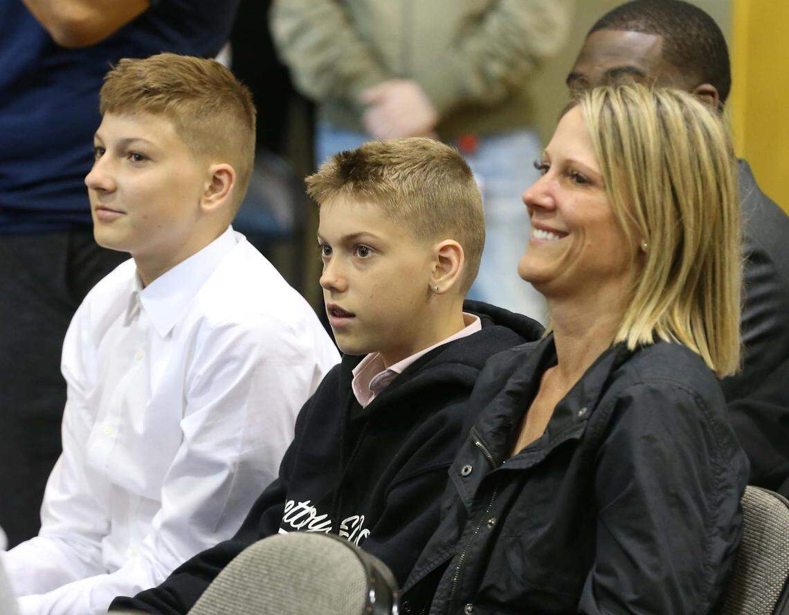 Miami Heat’s first round 2019 NBA Draft pick Tyler Herro’s family, mother Jennifer and brothers Myles 12 and Austin 15, at the introductory press conference at the AmericanAirlines Arena in Miami, Florida, Friday, June, 21, 2019.