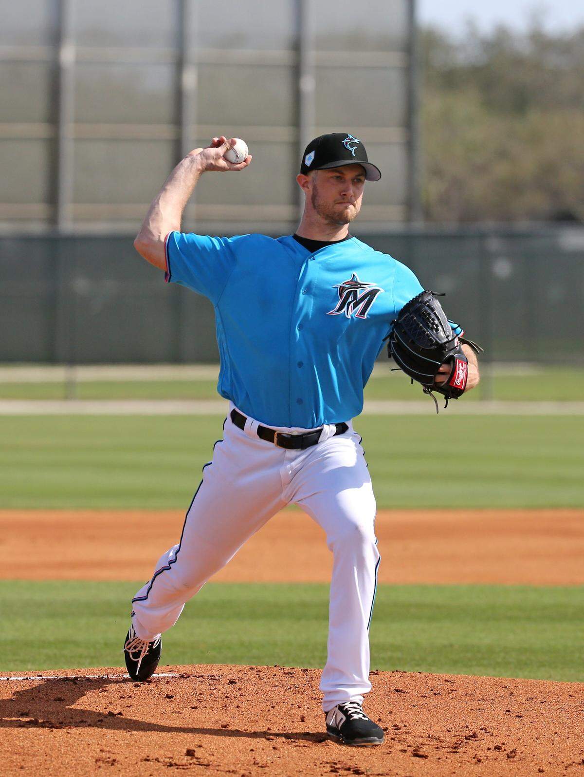 Miami Marlins pitcher Trevor Richards (36) pitches during the first full-squad spring training workout on Monday, February 18, 2019 in Jupiter, FL.