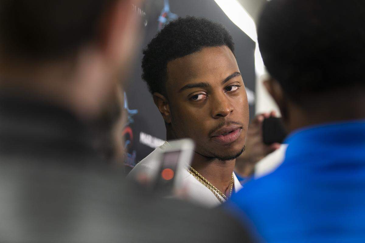 Miami Marlins outfielder Monte Harrison talks to the press during the 2019 FanFest at Marlins Park in Little Havana on Saturday, Feb. 9, 2019.
