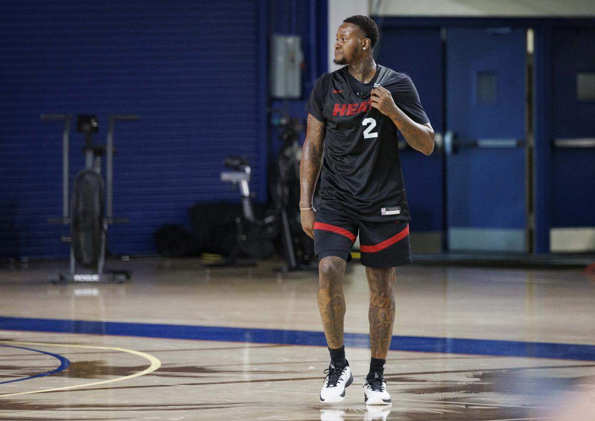 Terry Rozier (2) finishes a drill during the second day of Miami Heat Training Camp on Oct. 1, 2025, at Florida Atlantic University in Boca Raton.