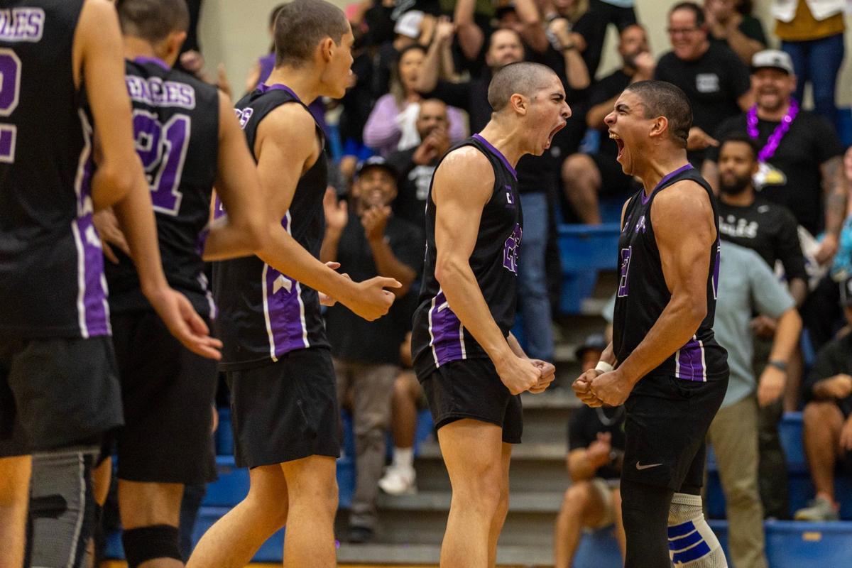 Southwest outside hitter JuanMarco Diaz (22) and outside hitter Marlon Albornoz react after scoring on Belen during the men’s volleyball regional final on Tuesday, May 14, 2024, in Miami, Fla.