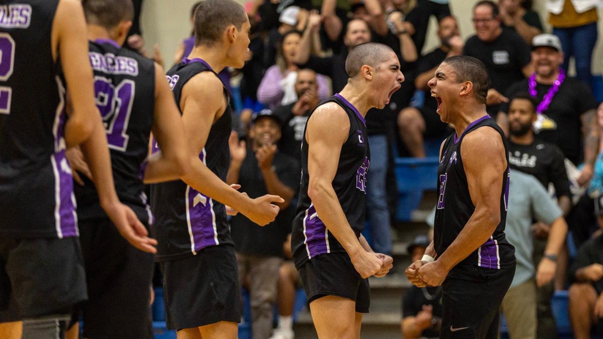Southwest outside hitter JuanMarco Diaz (22) and outside hitter Marlon Albornoz react after scoring on Belen during the men’s volleyball regional final on Tuesday, May 14, 2024, in Miami, Fla.