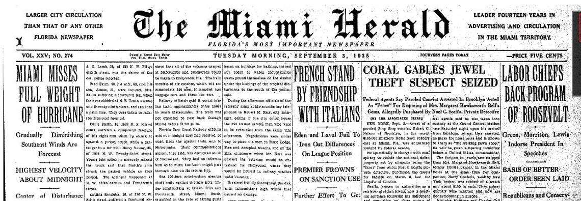 Sept. 3, 1935, front page of the Miami Herald, with a report on the hurricane in the left-hand column.