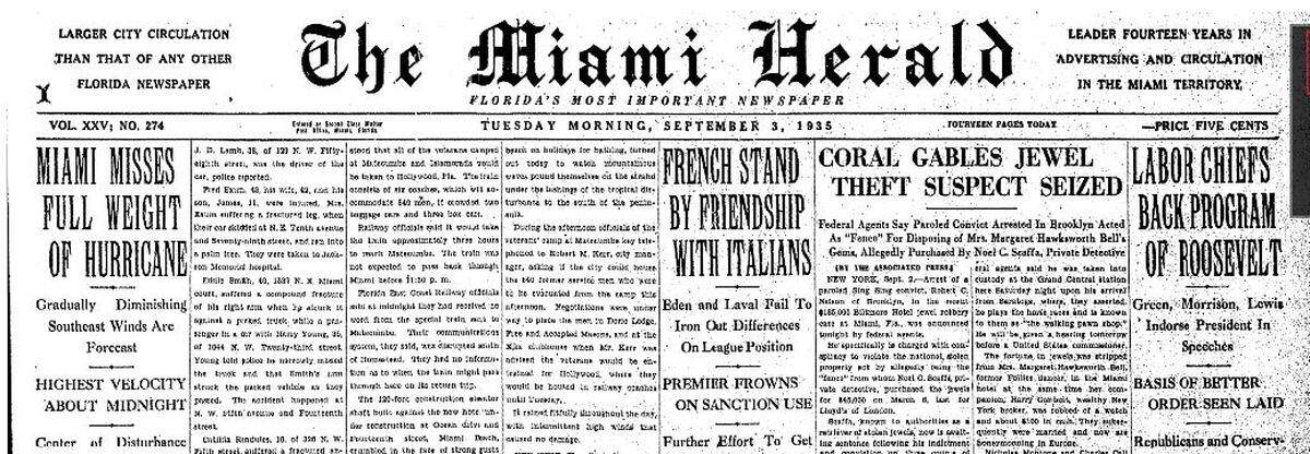 Sept. 3, 1935, front page of the Miami Herald, with a report on the hurricane in the left-hand column.