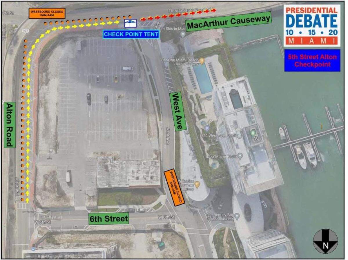 The MacArthur Causeway (I-395), which connects downtown Miami to to Miami Beach, will be fully closed to eastbound and westbound traffic from 8 a.m. Oct. 15 through 1 a.m. Oct. 16 as part of the U.S. Secret Service security plan for the presidential debate in Miami.