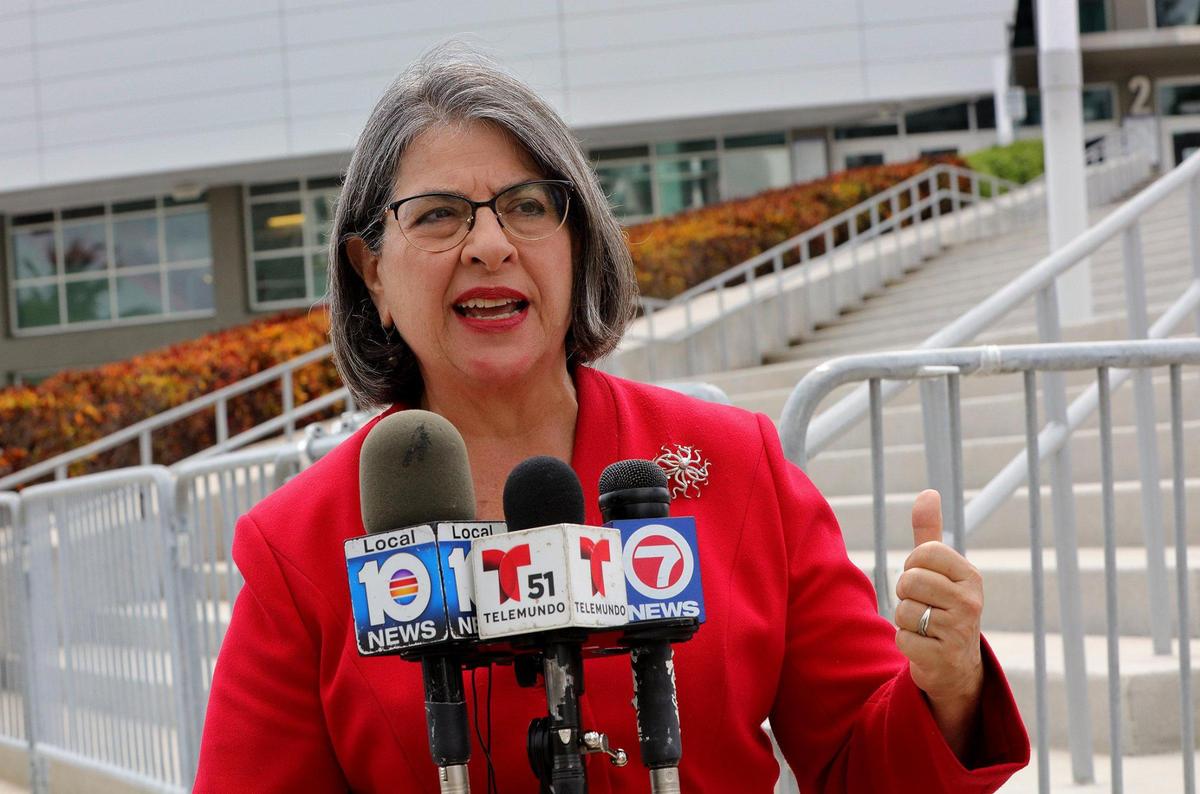 Miami-Dade Commissioner Daniella Levine Cava speaks during a press conference outside of the American Airlines Arena on “Miami-Dade County Mayor Carlos Gimenez’s clear power grab over elections oversight” on Saturday, September 5, 2020.