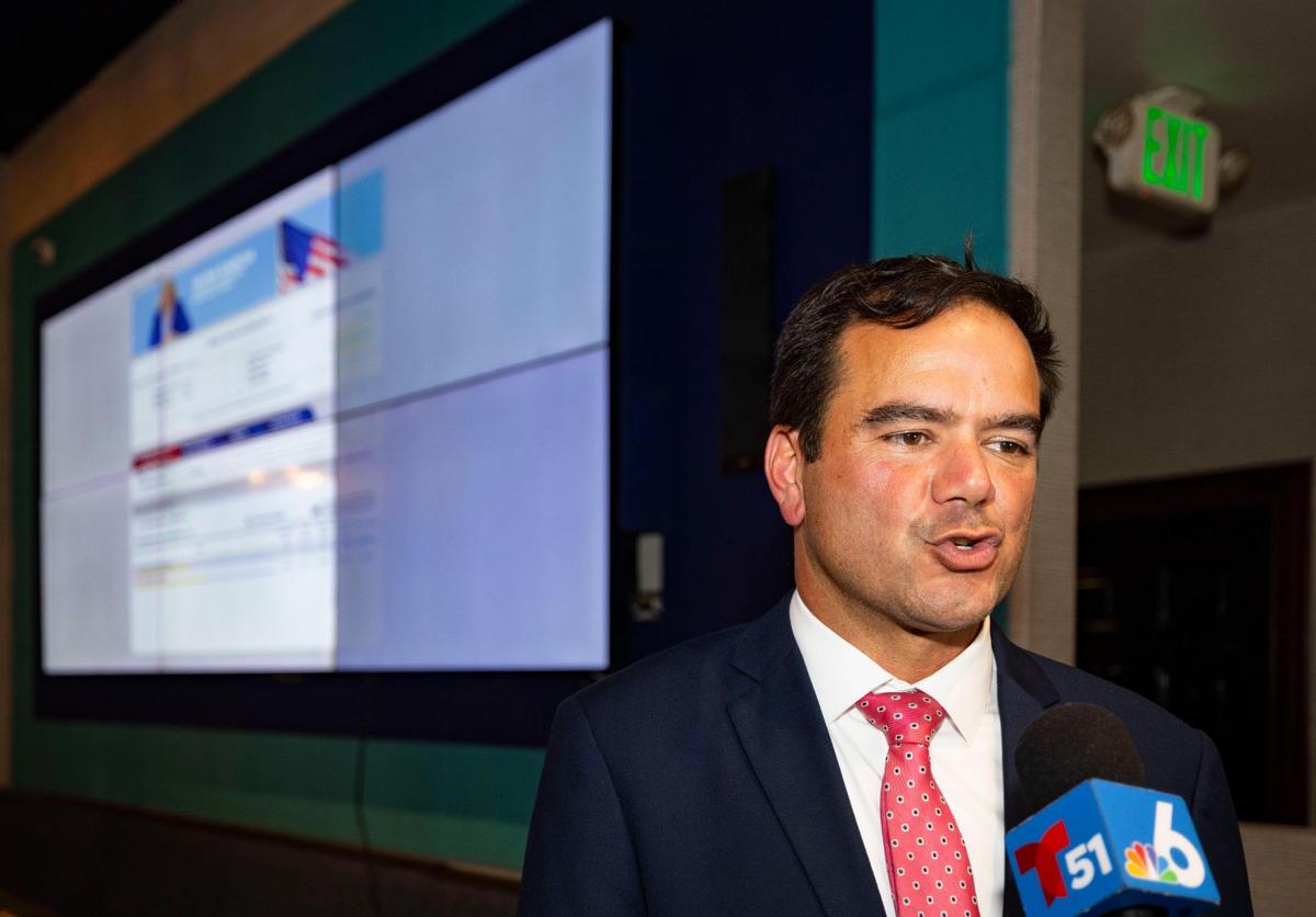 Ralph Rosado is interviewed by the press with the election results in the background during his watch party for a special election on Tuesday, June 3, 2025, at El Atlacatl restaurant in Miami.