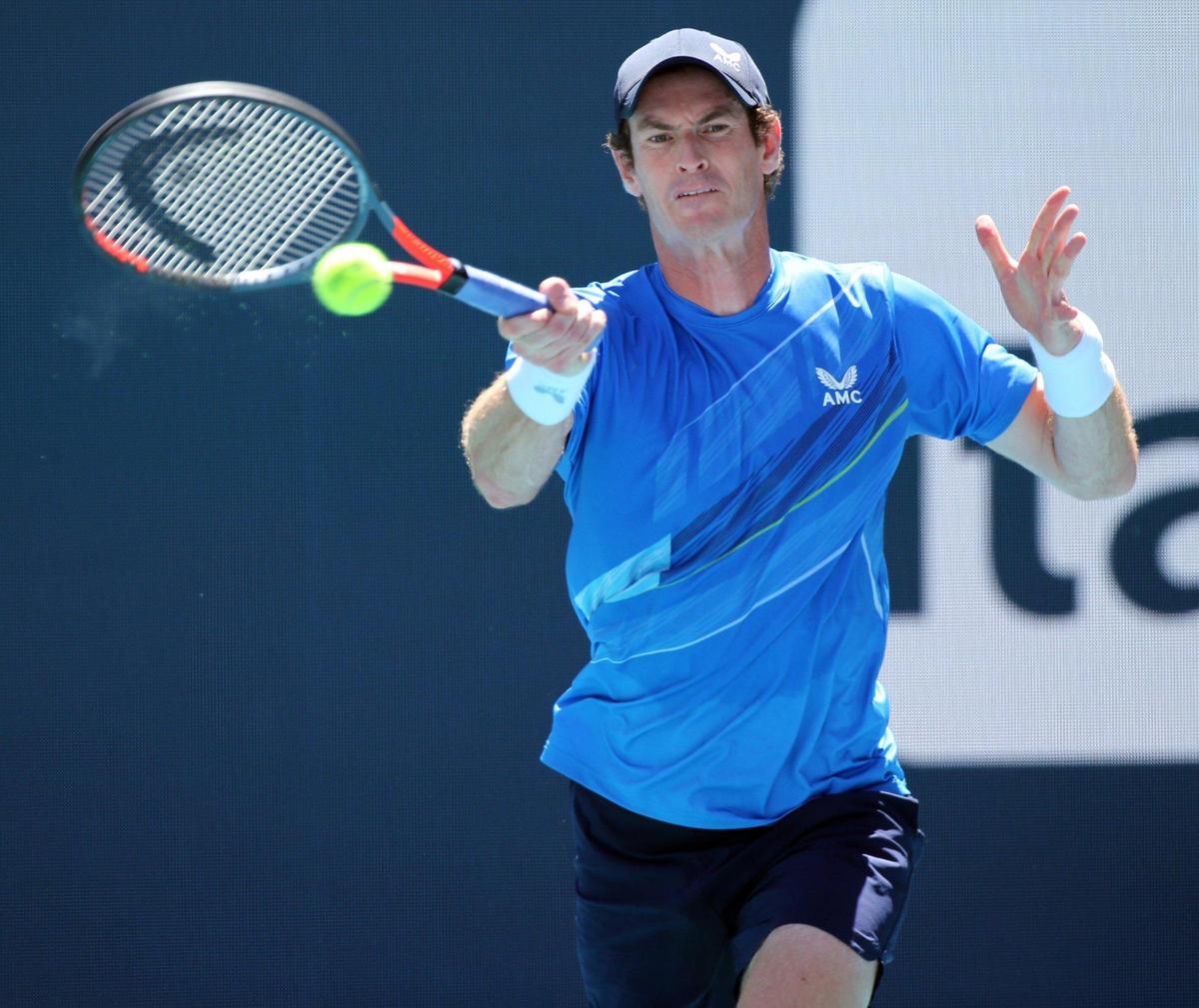 Andy Murray returns to Danil Medvedev during the Miami Open tennis tournament at Hard Rock Stadium in Miami Gardens, Florida on Saturday, March 26, 2022.