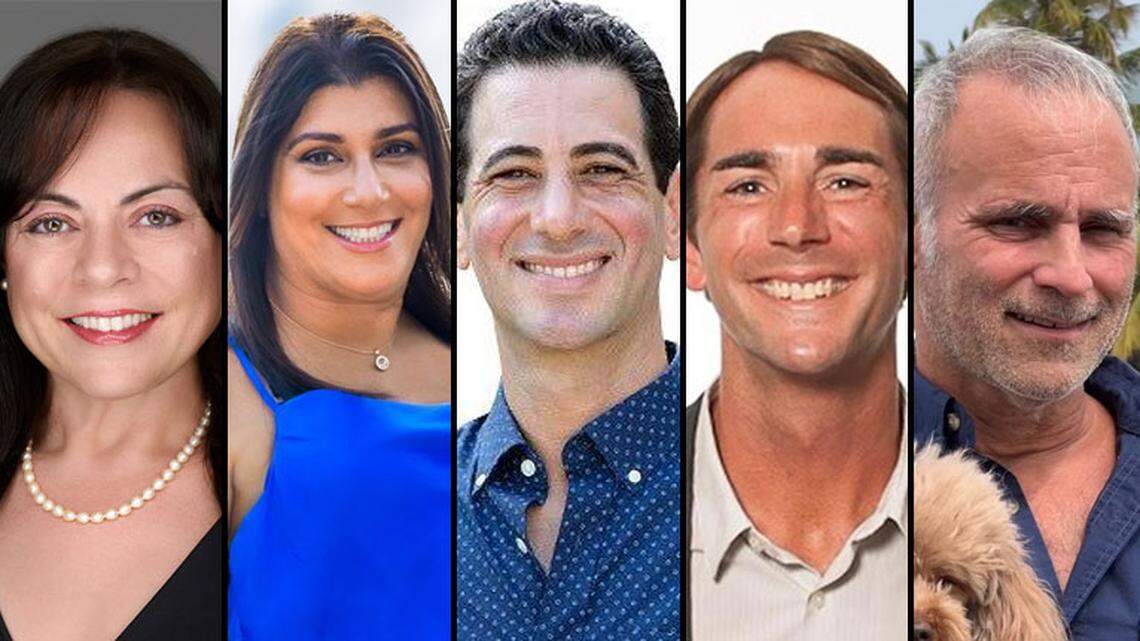 Five candidates are running for a Miami Beach City Commission seat. From left: Laura Dominguez, Sabrina Cohen, Stephen Cohen, Isaiah Mosley and Mitch Novick.