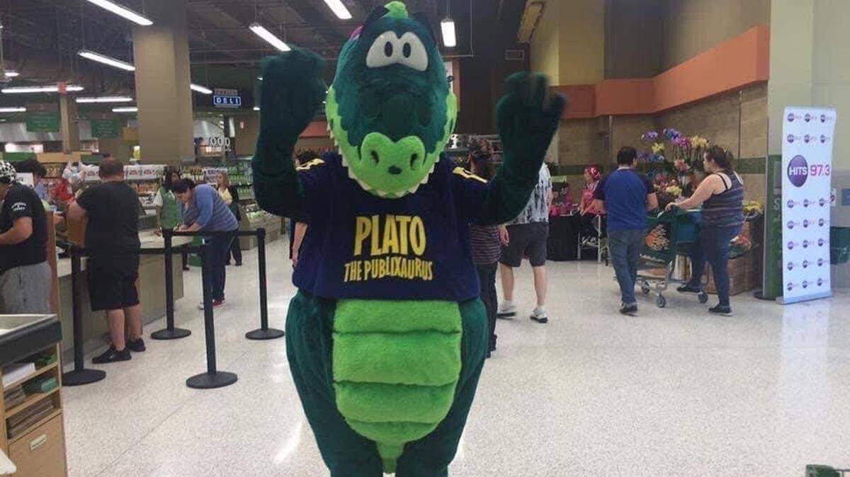 Plato the Publixaurus at the opening of a new supermarket in downtown Hollywood in 2018.