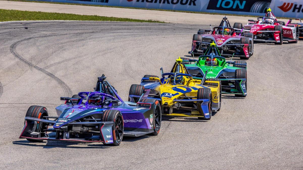 Eventual winner TAG Heuer Porsche’s Pascal Wehrlein leads Lola Yamaha ABT’s Lucas di Grassi, who would finish second, during the Miami E-Prix, Round 5 of the 2025 ABB FIA Formula E World Championship at Homestead-Miami Speedway on Saturday, April 12, 2025.