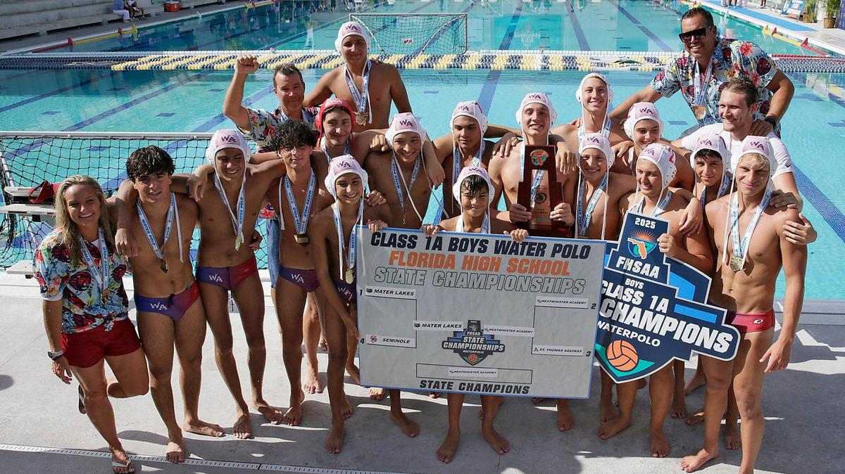 Westminster Academy boys water polo team pose for the picture after winning the FHSAA Boys Water Polo State Championships final match against Mater Lakes Academy on Saturday, April 26, 2025 at Gian Zumpano Aquatic Center in Miami. Andrew Uloza / for Miami Herald