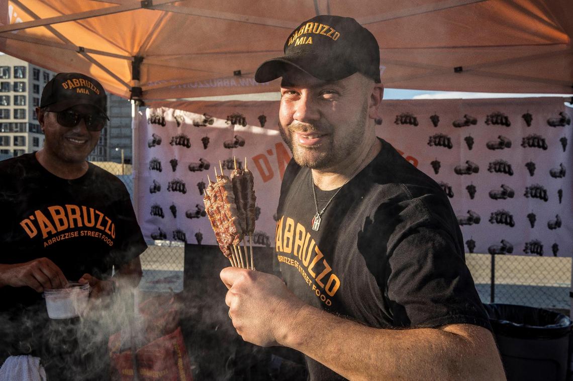 Tommaso Conte, chef and founder of D’Abruzzo NYC, displays some lamb skewers at Smorgasburg Miami.