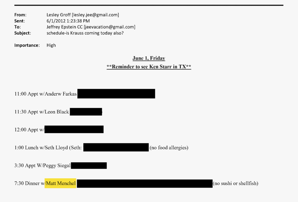 E-mail message showing that Jeffrey Epstein was scheduled to meet with Matthew Menchel.