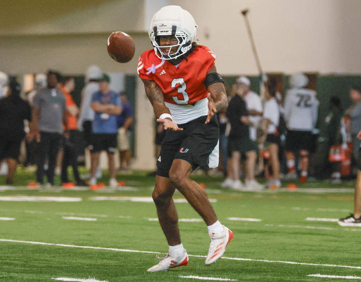 Miami Hurricanes defensive lineman Bryce Fitzgerald (3) catches a pass during drills at the Carol Soffer Indoor Practice Facility on the University of Miami campus in Coral Gables, Florida, on Thursday, March 26, 2026.