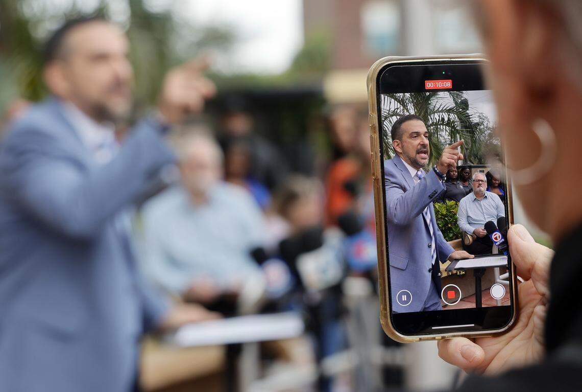 Broward County School board member Adam Cervera speaks passionately during a news conference held at the Kathleen C. Wright Administration Center in Fort Lauderdale on Tuesday, Jan. 13, 2026. 
