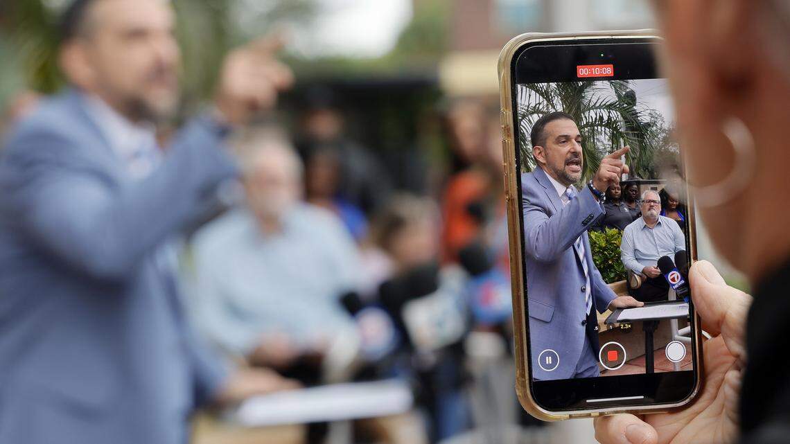 Broward County Public Schools board member Adam Cervera speaks passionately during a news conference at the Kathleen C. Wright Administration Center in Fort Lauderdale on Tuesday, Jan. 13.