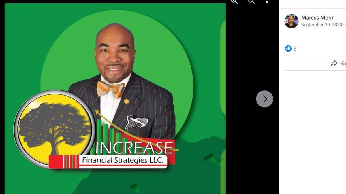 Marcus Moon’s Facebook profile photo promoting himself and Increase Financial Strategies