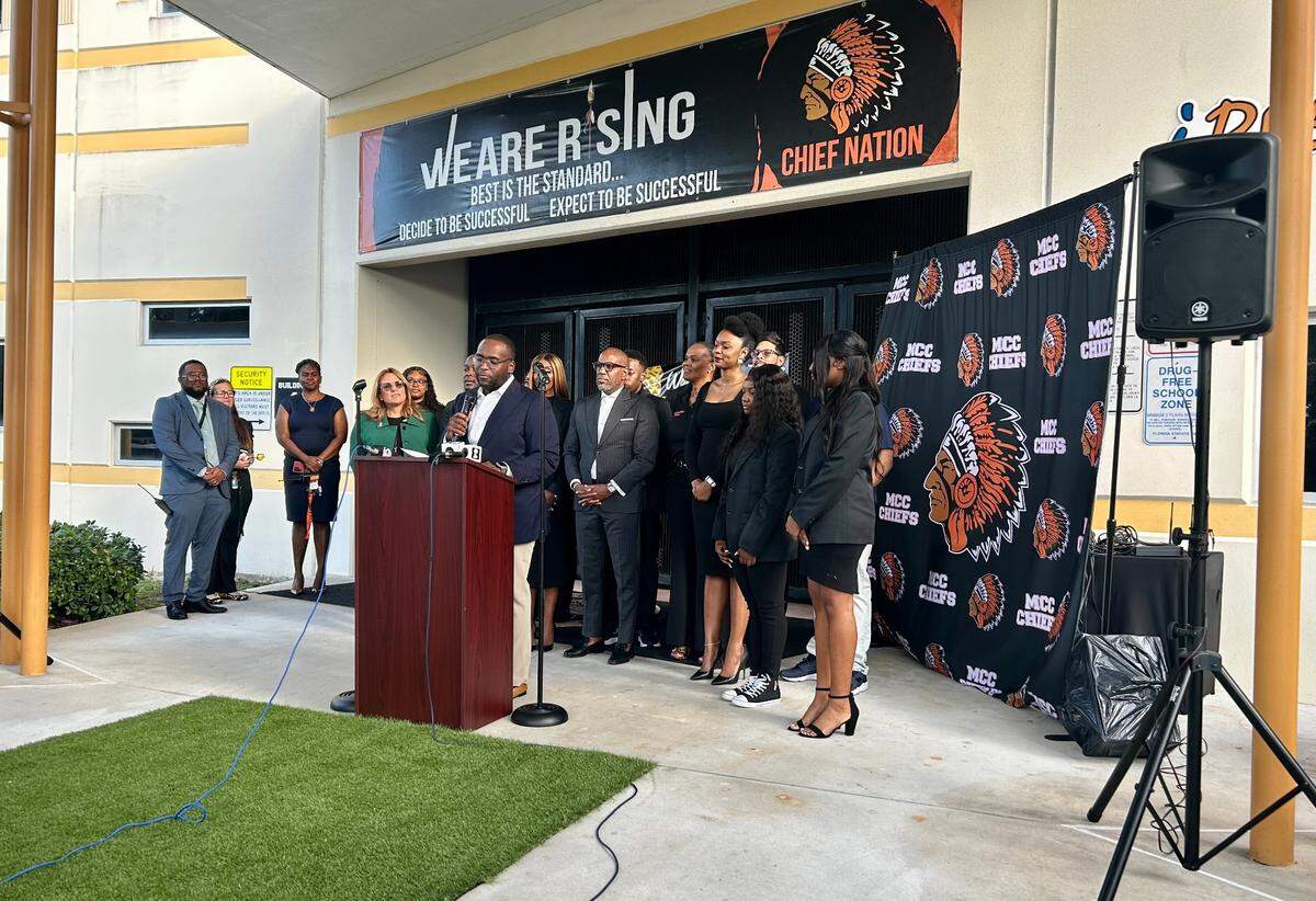 State​ Sen. Shevrin Jones (D-34, Miami Gardens) speaks during a news conference Tuesday, Oct. 24, 2023, at Miami Carol City High. Jones and other elected officials sent off 10 Carol City High students to Washington to meet with President Joe Biden, First Lady Jill Biden and Vice President Kamala Harris. The students were chosen for their academic and leadership skills.