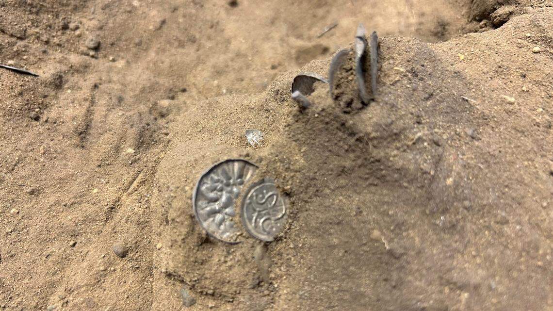 Woman in Bramslev stumbled on hundreds of 1,000-year-old silver coins in two buried treasure troves, archaeologists said and photos show.