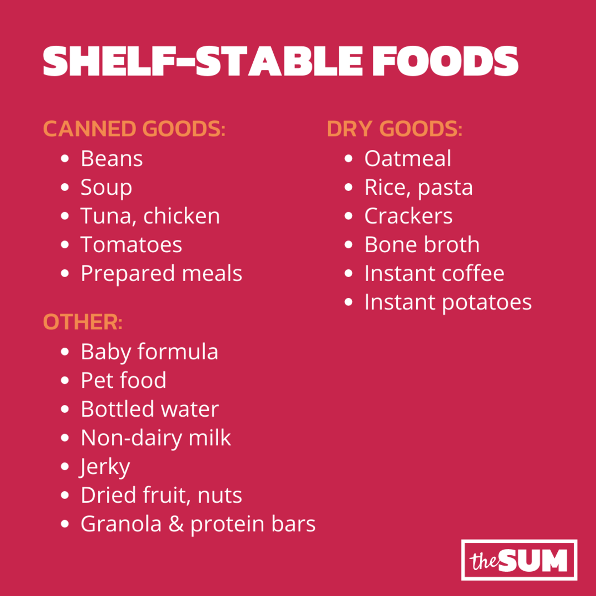 From bottled water to canned soup, here are shelf-stable food items that can help.