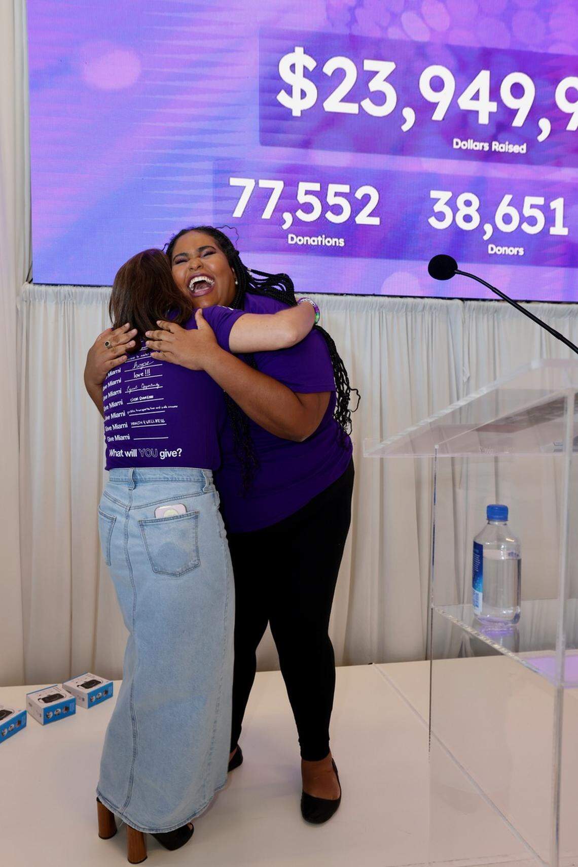 Katherine (“Kat”) Passley, CEO of Beyond the Bars, reacts after learning her organization was awarded $50,000 from the Elevate Prize Foundation, a global nonprofit on a mission to recognize social impact leaders, to “make good famous.” Student volunteers from the Miami-Dade College Changemaker program were tasked with choosing a Give Miami Day nonprofit for the prize. The winner was announced at The Miami Foundation’s Give Miami Day Mission Control Thursday, Nov. 22, 2024, at the Port of Miami’s Royal Caribbean Terminal.